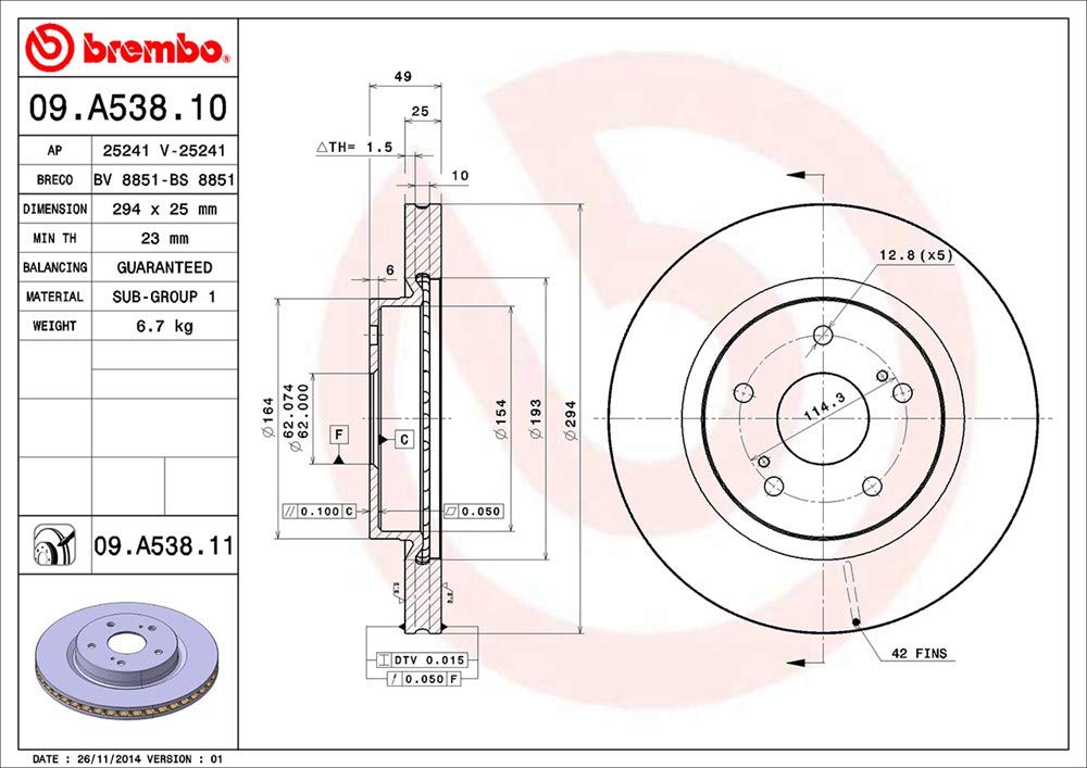 BREMBO 09A53811C02 Brembo 09.A538.11 UV Coated vented Front Brake Rotor SUZUKI OE# 5521165J00