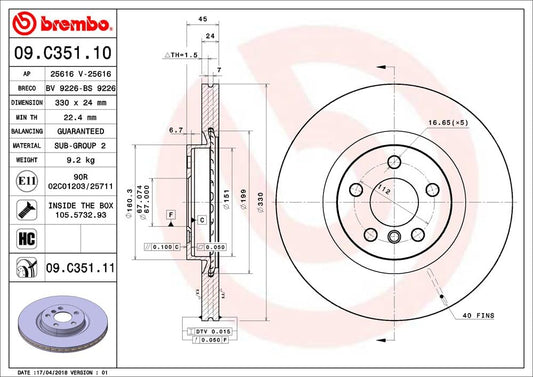 BREMBO 09C35111C02 Brembo 09.C351.11 UV Coated vented Brake Rotor BMW/BMW (BRILLIANCE)/MINI/ZINORO OE# 34116865713
