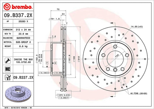 BREMBO 09B3372XC02 Brembo 09.B337.2X Xtra UV Coated vented drilled Front Brake Rotor BMW/BMW (BRILLIANCE) OE# 34116855006