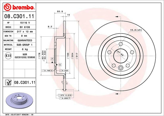 BREMBO 08C30111C02 Brembo 08.C301.11 UV Coated solid Rear Brake Rotor LAND ROVER/LAND ROVER (CHERY) OE# LR072016