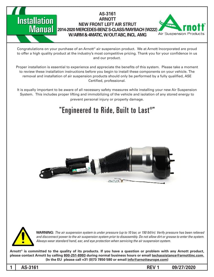 ARNOTT AS-3161 Arnott - Front Lt Eibach Air Strut-14-20 MB S-Class/Maybach (W222) w/Eibach AirM & 4MATIC, w/out ABC, excl AMG (AS-3161)