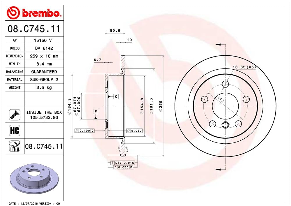 BREMBO 08C74511C02 Brembo 08.C745.11 UV Coated solid Brake Rotor MINI OE# 34216799383