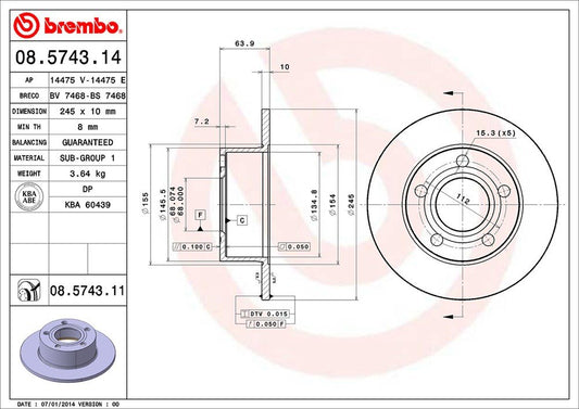 BREMBO 08574311C02 Brembo 08.5743.11 UV Coated solid Rear Brake Rotor AUDI/AUDI (FAW)/SKODA/VW/VW (SVW) OE# 4A0615601A
