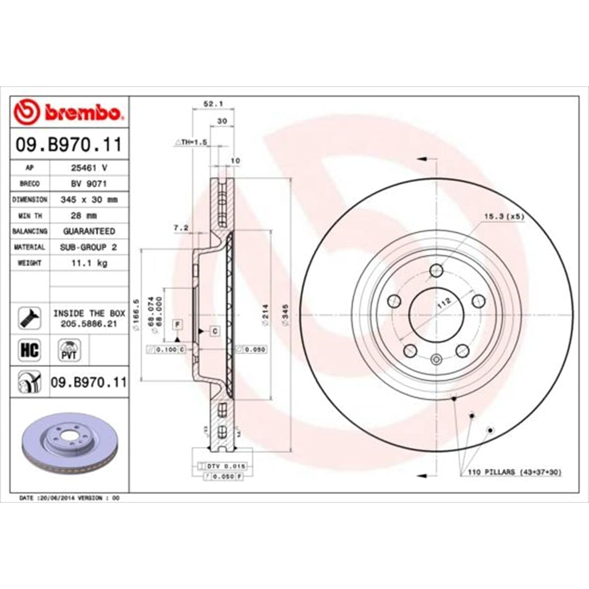 BREMBO 09B97011C02 Brembo 09.B970.11 UV Coated Pillar Vented Front Brake Rotor AUDI/AUDI (FAW)/PORSCHE/VW (SVW) OE# 4G0615301