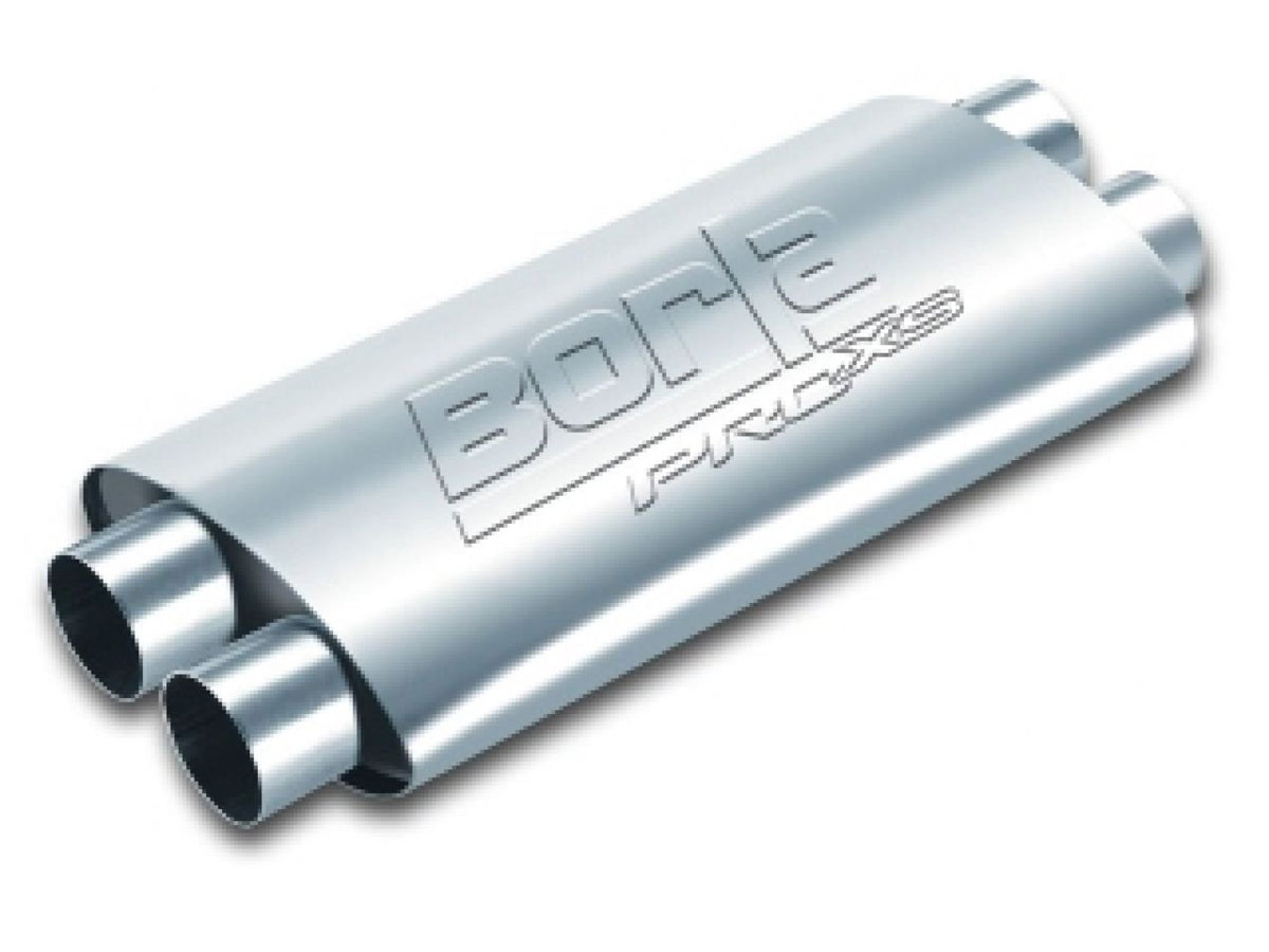 BORLA 400287 BORLA 400287 ProXS ProXS Muffler 2.25" Dual Inlet/ 2.25" Dual Outlet, 4" x 9.5" Oval, 19" Long Body, 24" Overall Length. Internal X-Pipe. Universal Part. Reversible Design.