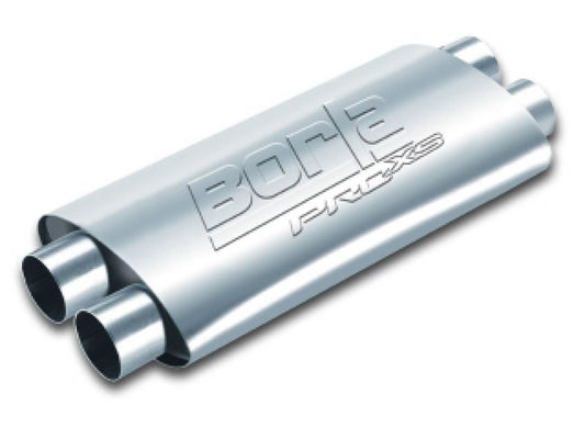 BORLA 400287 BORLA 400287 ProXS ProXS Muffler 2.25" Dual Inlet/ 2.25" Dual Outlet, 4" x 9.5" Oval, 19" Long Body, 24" Overall Length. Internal X-Pipe. Universal Part. Reversible Design.