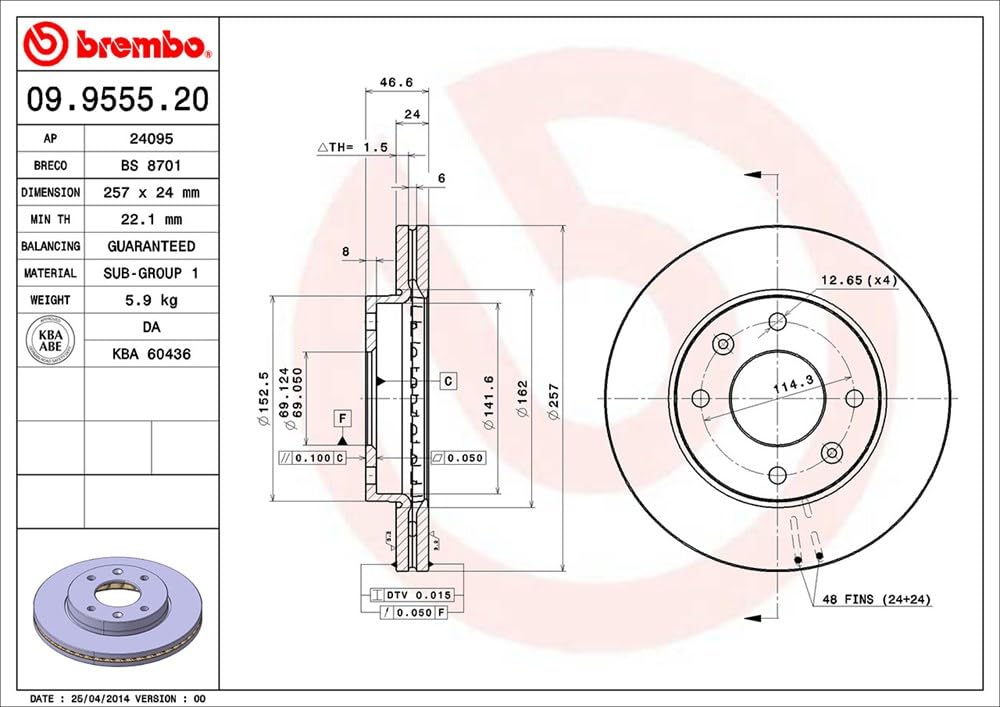 BREMBO 09955520C02 Brembo 09.9555.20 Standard vented Front Brake Rotor HYUNDAI/HYUNDAI (BEIJING)/INOKOM OE# 517122D310