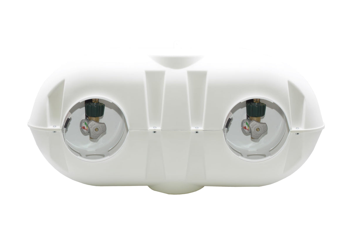 FLAME KING YSN-PCC-RV30-WHT Flame King Dual 30LB LP Propane Tank Light Plastic Heavy Duty Cover for RV, Travel Trailer, Camper - White