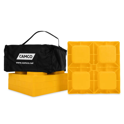 CAMCO 44501 Camco Camper/RV Leveling Blocks - Features Stackable Interlocking Design & Includes Zippered Bag for RV Storage - Compatible w/Single Wheels, Dual Wheels, Tandem Axles & More - 4-Pack (44501)