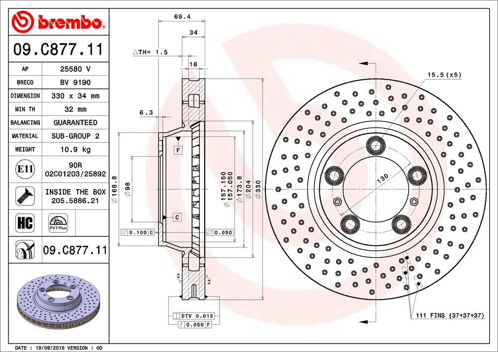 BREMBO 09C87711C02 Brembo 09.C877.11 UV Coated Pillar Vented drilled Front Brake Rotor PORSCHE OE# 99635140903