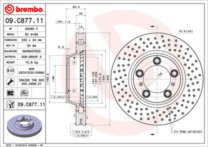 BREMBO 09C87711C02 Brembo 09.C877.11 UV Coated Pillar Vented drilled Front Brake Rotor PORSCHE OE# 99635140903