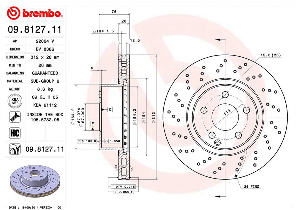 BREMBO 09812711C02 Brembo 09.8127.11 UV Coated vented drilled Front Brake Rotor MERCEDES-BENZ OE# A2204210912
