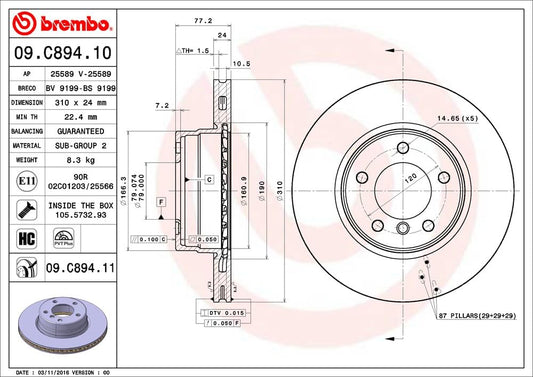 BREMBO 09C89411C02 Brembo 09.C894.11 UV Coated Pillar Vented Front Brake Rotor BMW/BMW (BRILLIANCE) OE# 34116764021