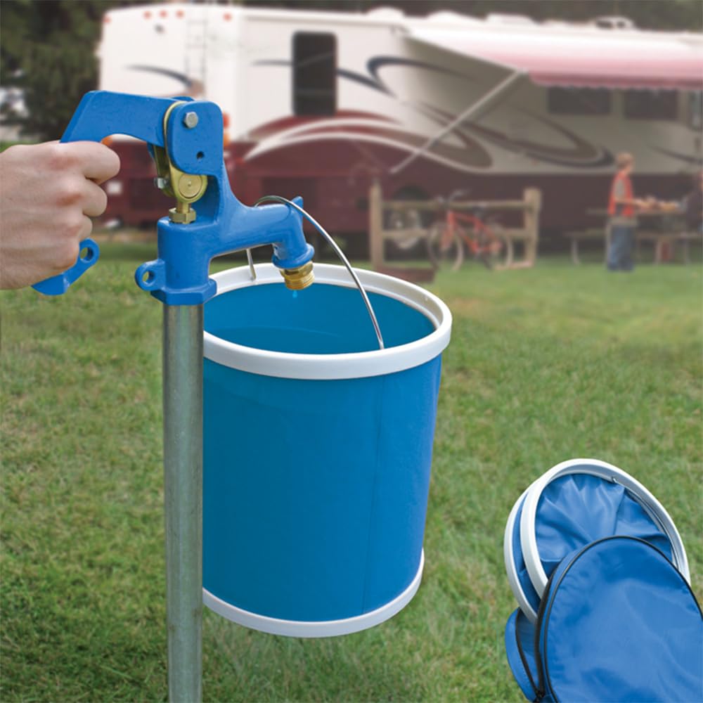 CAMCO 42993 Camco Collapsible Bucket with Storage Case- Durable Pop Up Bucket with Watertight Fabric, Holds 3 Gallons of Water - Great for RVs, Camping, Fishing, Boating, Hiking and More - Blue (42993), Blank Ski