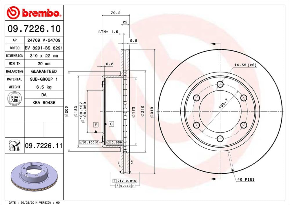 BREMBO 09722611C02 Brembo 09.7226.11 UV Coated vented Front Brake Rotor TOYOTA OE# 4351235210