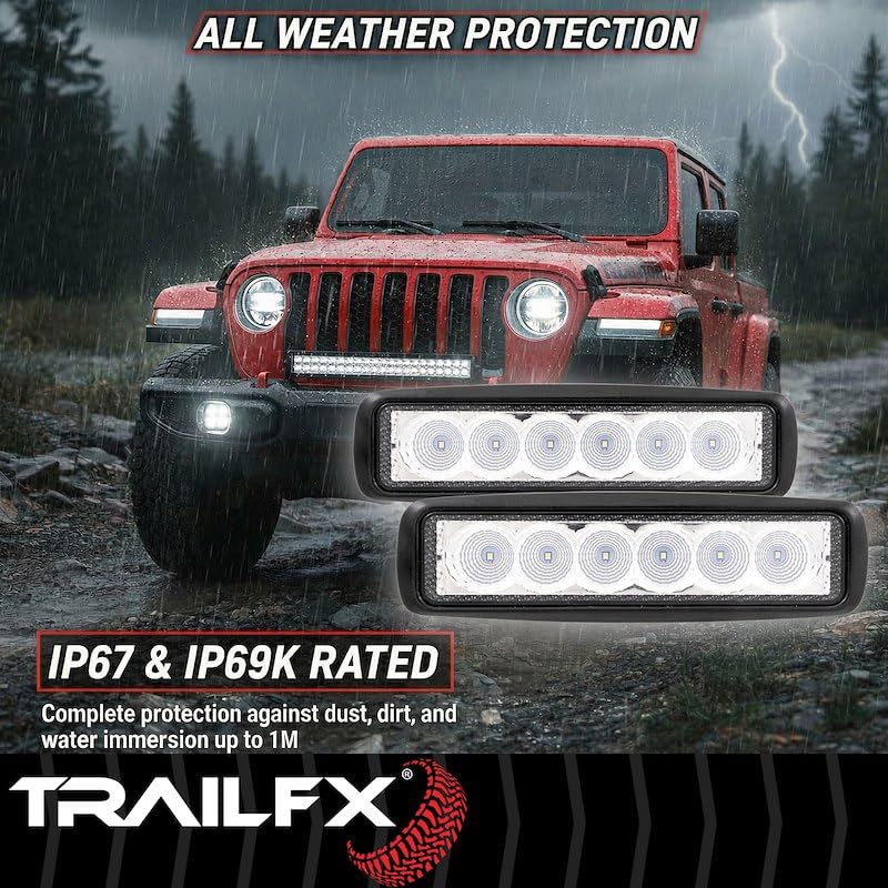 TRAILFX 6SRUTLF2 TrailFX 6SRUTLF2 Work Lights Oval LED Utility Lights 6 Inch Set of 2 18W Flood Beam 2520 Raw Lumens Black Aluminum IP67 IP69K Pedestal Mount with Harness Switch and Installation Hardware