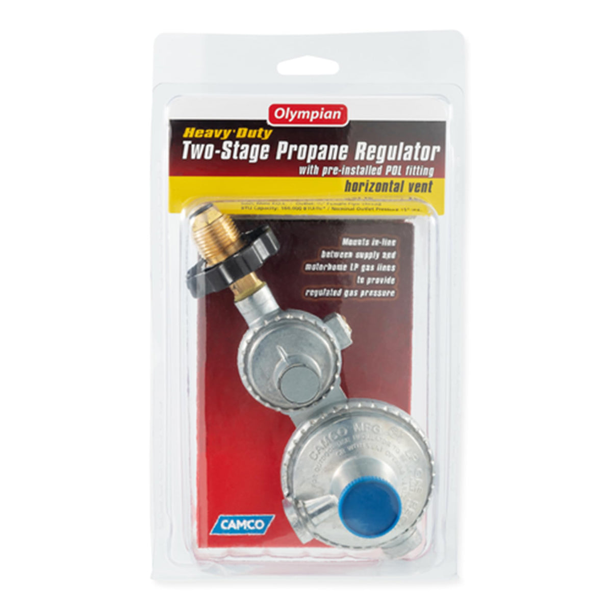 CAMCO 59333 Camco RV Propane Regulator 2 Stage Horizontal Mount with POL, 160000 BTU Gas Pressure Control Valve, 3/8 Inch NPT for Camper Trailer