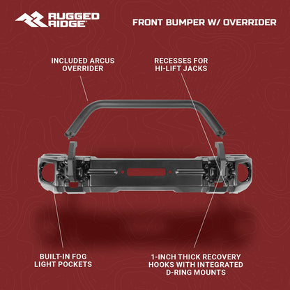 RUGGED RIDGE 11549.05 Rugged Ridge Arcus Bumper, Front for Jeep Wrangler/Gladiator | Stubby w/Tubular Overrider, Steel, Black | 11549.05 | Fits 2018-2025 Jeep Wrangler JL; 2020-2025 Jeep Gladiator JT