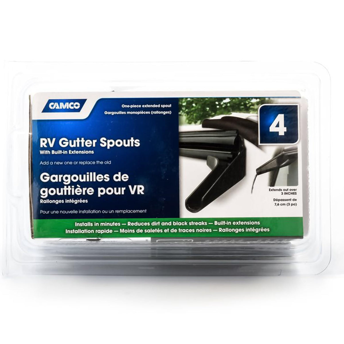 CAMCO 42452 Camco RV Gutter Spouts with Built-in Extensions | Direct Rain Water Runoff Away from The RV | Features an Easy Installation, a Sun Resilient Resin Construction, and Comes in a 4-Pack of Black (42452)
