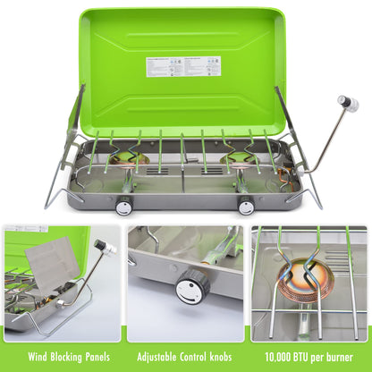 FLAME KING YSNVT-101 Flame King VT-101 2-Burner Portable Camping Stove Grill, Great for Outdoor Cooking, Backpacking, Compatible with 1LB Propane Gas Bottle