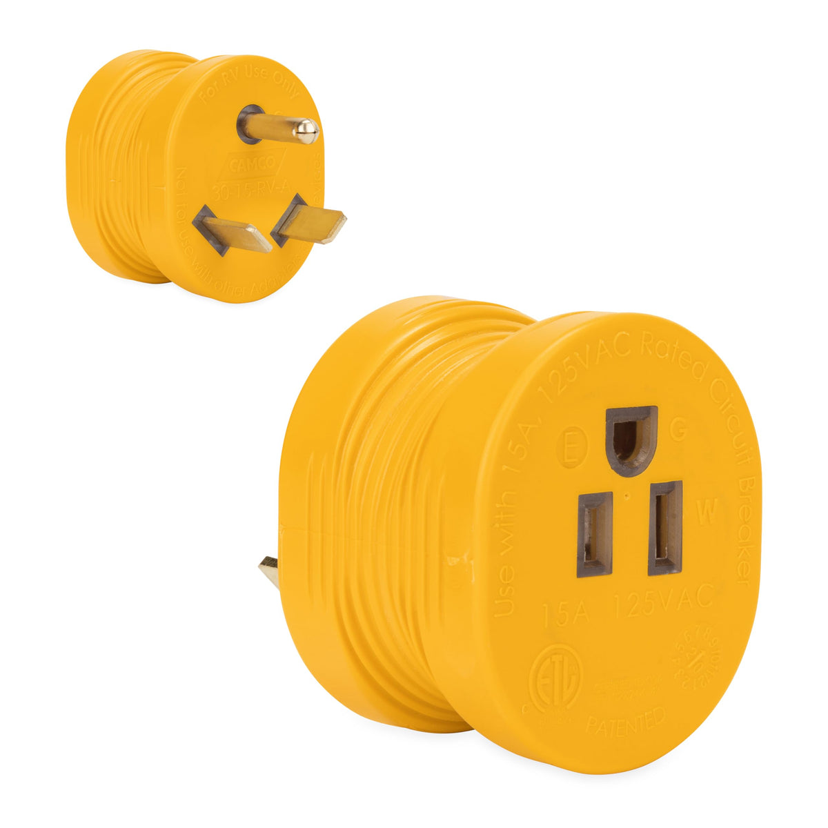 CAMCO 55233 Camco PowerGrip 30AM/15AF Camper & RV Electrical Adapter Features 30-amp male (NEMA TT-30P) & 15-amp female (NEMA 5-15R) Connections - Designed w/Non-Slip Grooves for Easy Removal - 125V/1875W (55233)