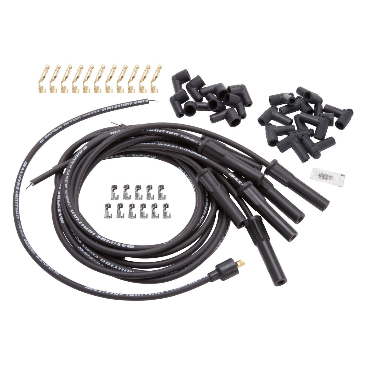 EDELBROCK 22700 Edelbrock 22700 Spark Plug Set Universal Flex Boots 500 ohm Resistance 8.65mm Black Wire (Set of 9)
