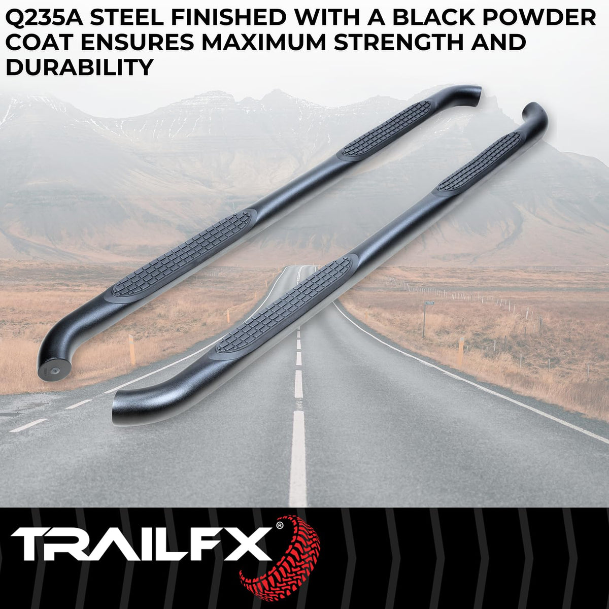 TRAILFX A0069T TrailFX Nerf Bar A0069T, 3 Inch Round Bent, Black Powder Coated, with Step Pads, W/O End Caps, Rocker Panel Mount, Fits 2025 Toyota 4Runner (Will Not Fit Models with Lower Rocker Panel Extensions)