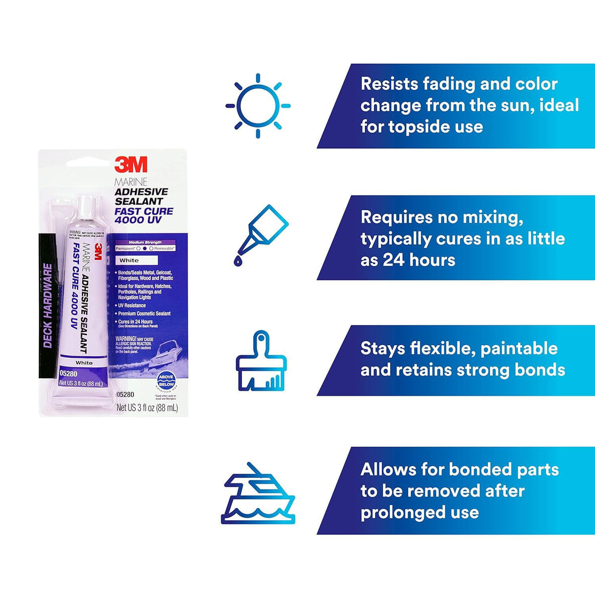 3M 05280 3M Marine Adhesive Sealant 4000UV, PN05280, White, 3 oz Tube