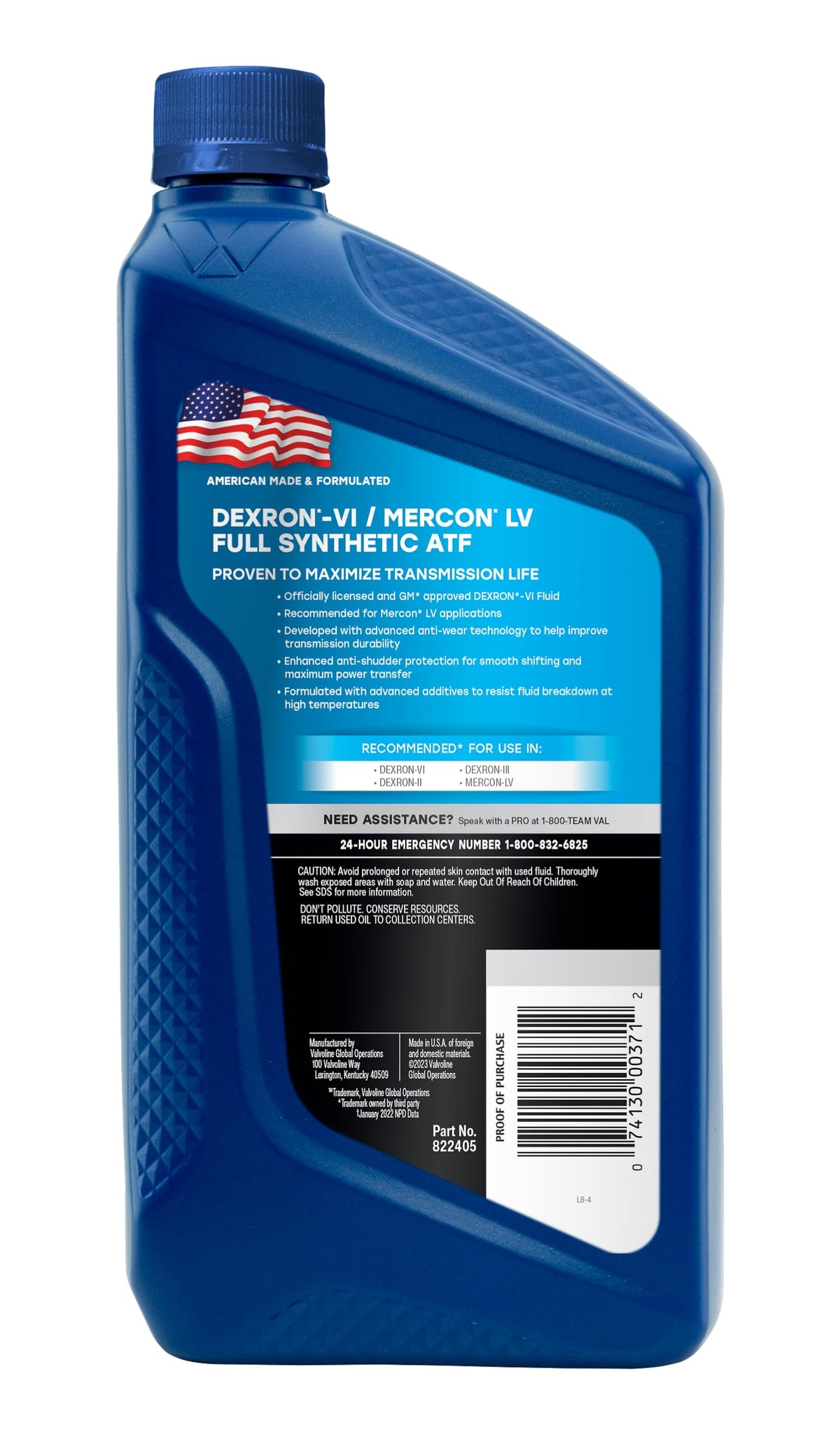 VALVOLINE 822405 Valvoline DEXRON VI/MERCON LV (ATF) Full Synthetic Automatic Transmission Fluid 1 QT, Case of 6