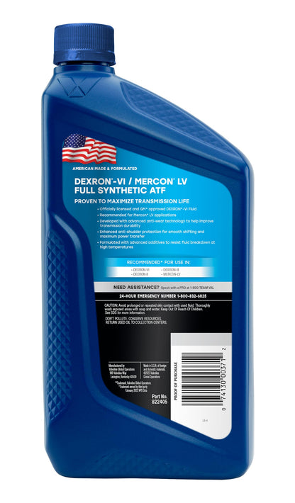VALVOLINE 822405 Valvoline DEXRON VI/MERCON LV (ATF) Full Synthetic Automatic Transmission Fluid 1 QT, Case of 6