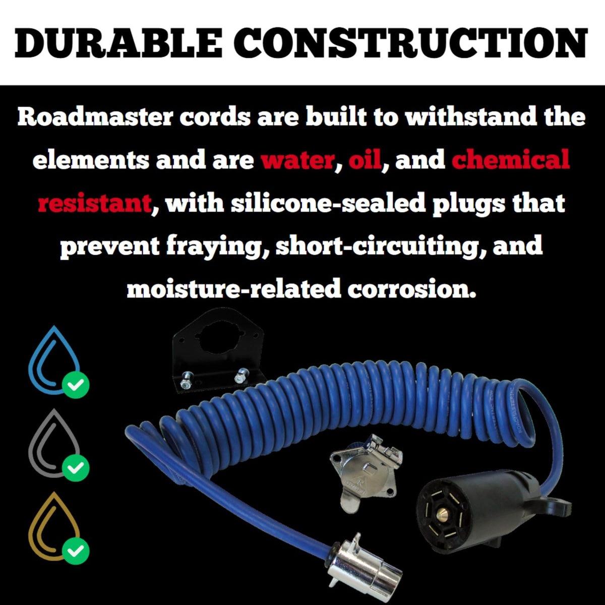 ROADMASTER 164-7 Roadmaster 164-7 Flexo-Coil 7-Wire to 4-Wire Adaptive Power Cord with Plugs, Sockets, & Socket Bracket Included | Designed for Motorhomes with 4-Way Sockets | Water, Oil, & Chemical Resistant