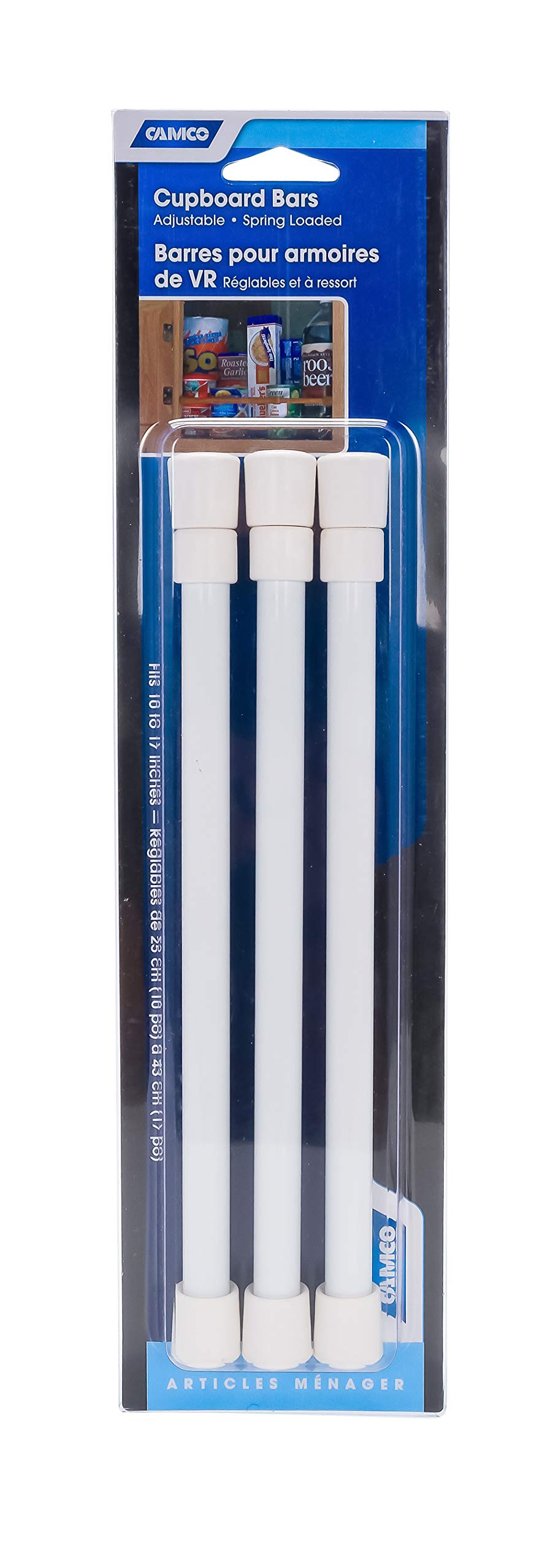 CAMCO 44063 Camco 17" RV Refrigerator Bar - Holds Food and Drinks in Place During Travel and Helps Stop Messy Spills - Spring Loaded and Extends 10-inches to 17-inches - 3 Pack -White (44063)