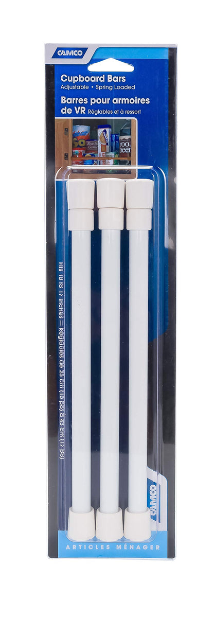 CAMCO 44063 Camco 17" RV Refrigerator Bar - Holds Food and Drinks in Place During Travel and Helps Stop Messy Spills - Spring Loaded and Extends 10-inches to 17-inches - 3 Pack -White (44063)