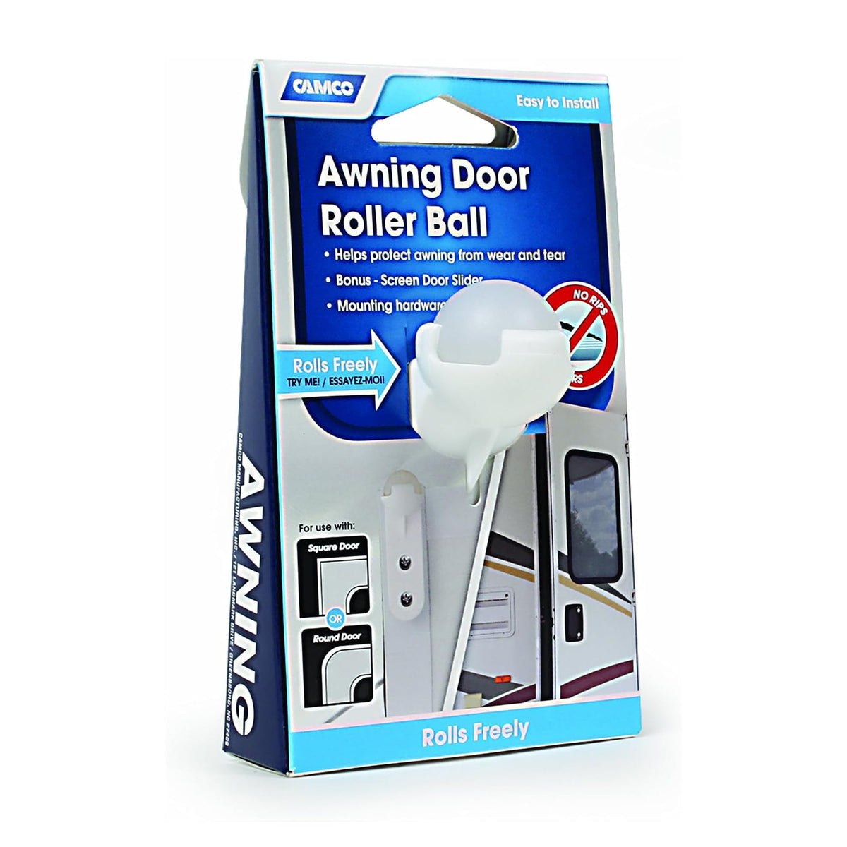 CAMCO 42005 Camco Durable and Rotates 360 Degree Awning Door Roller Ball with Screen Door Slider and Mounting Hardware, Fits Round or Square RV Door, White