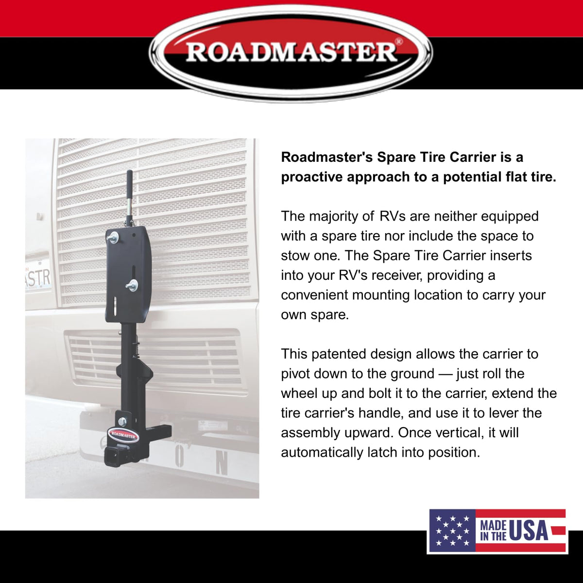 ROADMASTER 195225-S Roadmaster 195225-S Spare Tire Carrier with 2" Drop fits 2" Motorhome Receiver | for 16" - 24.5" Dually Wheels | 10,000 lbs Maximum Capacity | Fits All Lug Nut Patterns