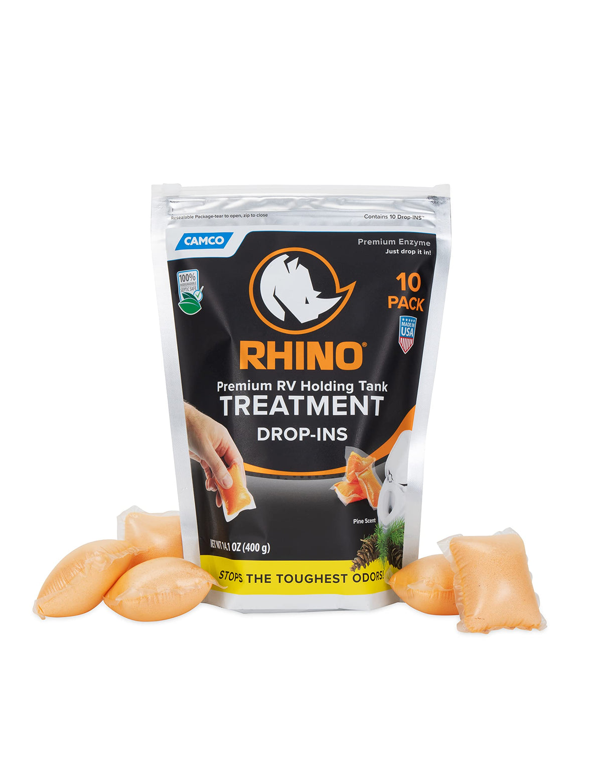 CAMCO 41519 Camco RhinoFLEX Premium Enzyme RV Holding Tank Treatment Drop-INs | Features a Biodegradable Septic Safe Formula, a Pine Scent, and is Ideal for RVing, Boating, and More | 10 Count (41519)