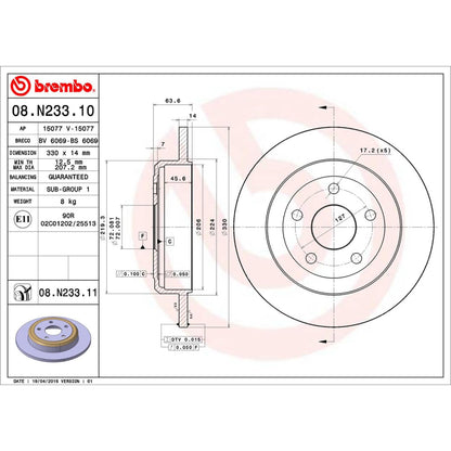 BREMBO 08N23311C02 Brembo 08.N233.11 UV Coated solid Rear Brake Rotor DODGE/JEEP OE# 52124763AB