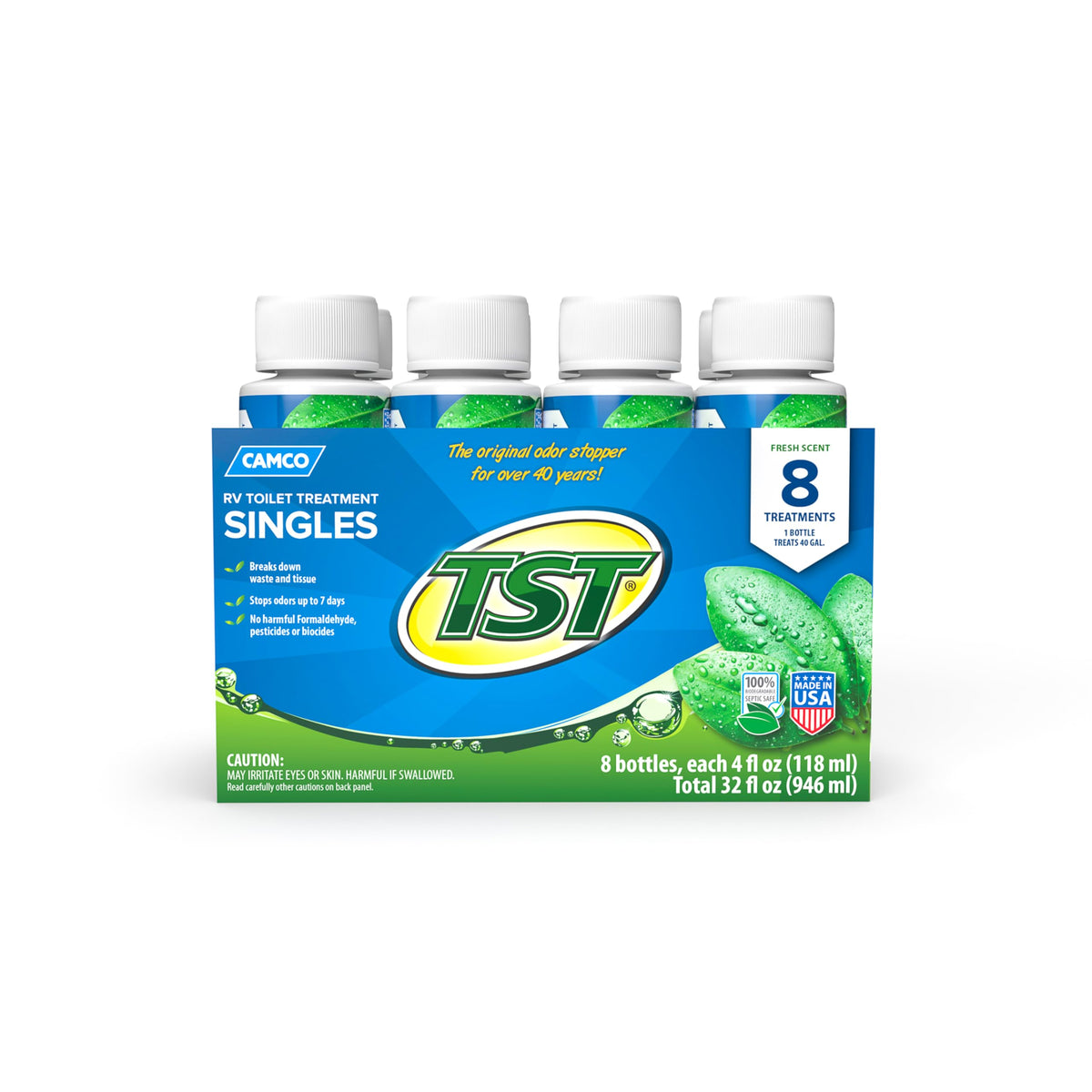 CAMCO 40221 Camco TST Fresh Scent RV Toilet Treatment - Formaldehyde Free - Breaks Down Waste And Tissue, Septic Tank Safe - Treats up to 8-40 Gallon Holding Tanks - (8) 4 oz Bottles (40221)