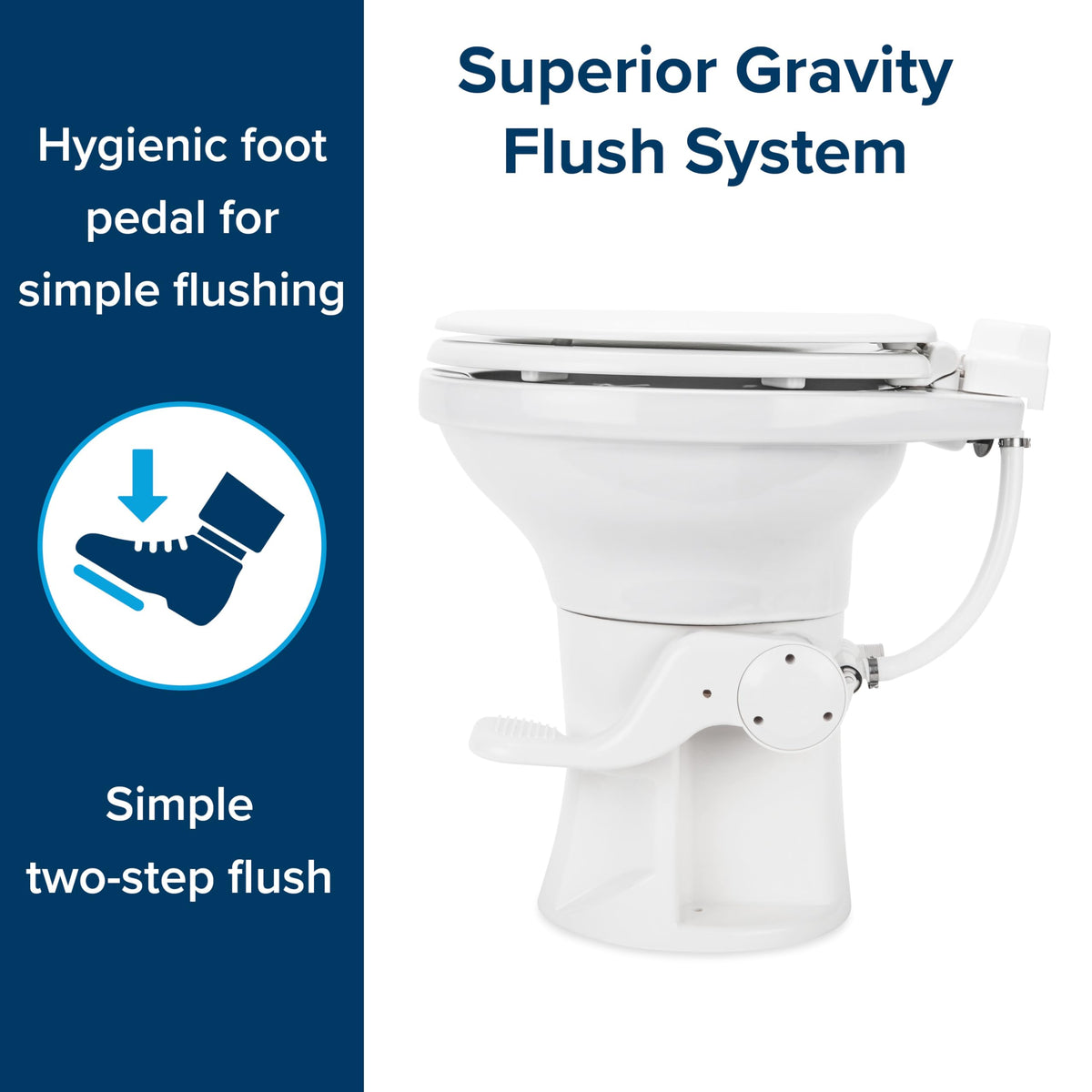 CAMCO 41710 Camco Premium Ceramic Camper/RV Toilet - Features Gravity Flush System with Convenient Foot Pedal & Full-Sized Ergonomic Design with 18" Chair Height - Soft-Close Wood Seat & Lid - White (41710)