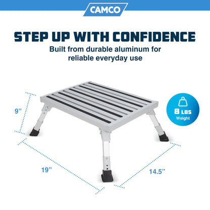 CAMCO 43676 Camco Folding Aluminum Step Stool, Adjustable Height for RV and Trailers, Silver - Lightweight, Foldable, and Heavy-Duty Stepping Platform for Home and Camping
