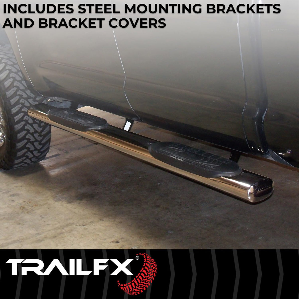 TRAILFX A8255S TrailFX Nerf Bars Fits Chevrolet Silverado 1500 Crew Cab 2019-2025 Stainless Steel 6 Inch Oval Straight Polished with Step Pads Rocker Panel Mount Running Boards TrailFX A8255S