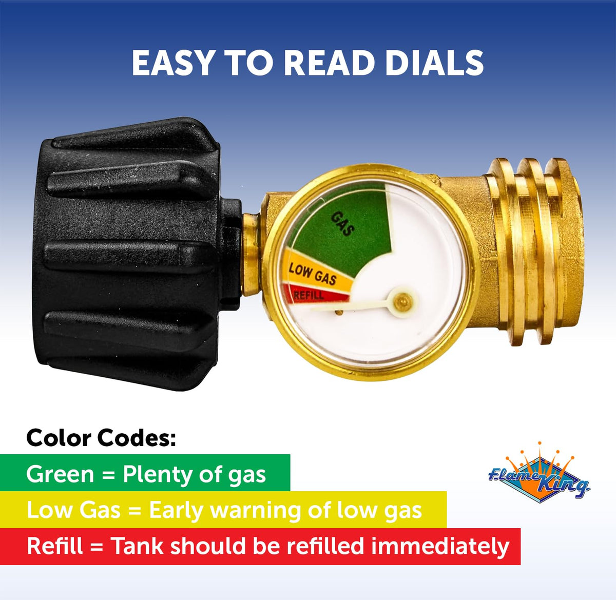 FLAME KING PTC-01 Flame King Propane Tank Gauge Level Indicator Leak Detector Gas Pressure Meter Color Coded & Glow in the Dark Universal for Cylinder, BBQ Gas Grill, RV Camper, Heater and More Appliances, Brass