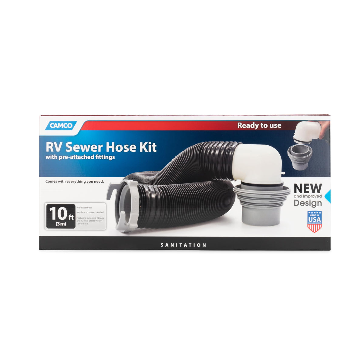 CAMCO 39551 Camco RV Sewer Kit - Features Pre-Attached Fittings, a 10-Foot Sewer Hose, Translucent Sewer Elbow with 4-in-1 Adapter, and More (39551)