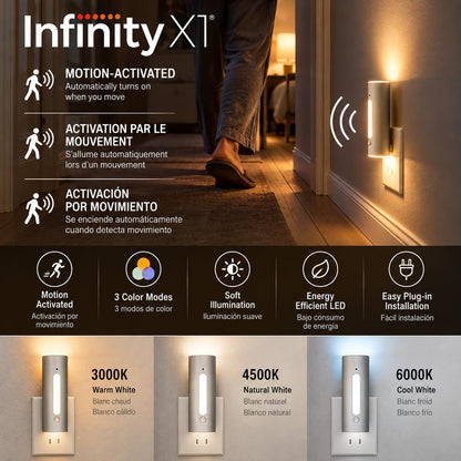 Infinity X1 Infinity X1 Power-Failure Motion-Activated Rechargeable Night Light with USB-C Output, 3-Pack