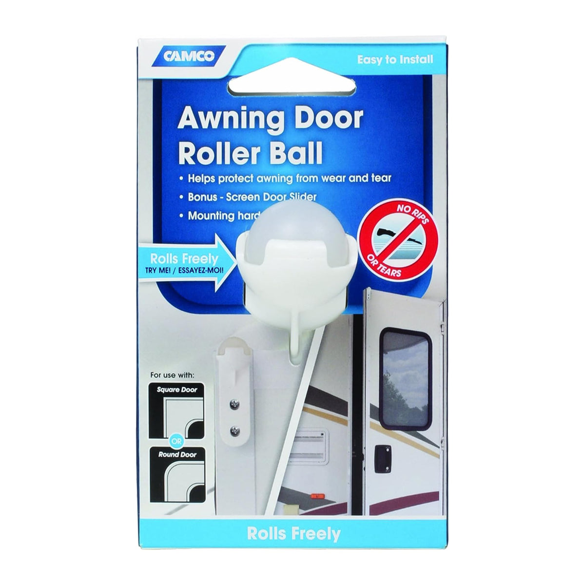 CAMCO 42005 Camco Durable and Rotates 360 Degree Awning Door Roller Ball with Screen Door Slider and Mounting Hardware, Fits Round or Square RV Door, White