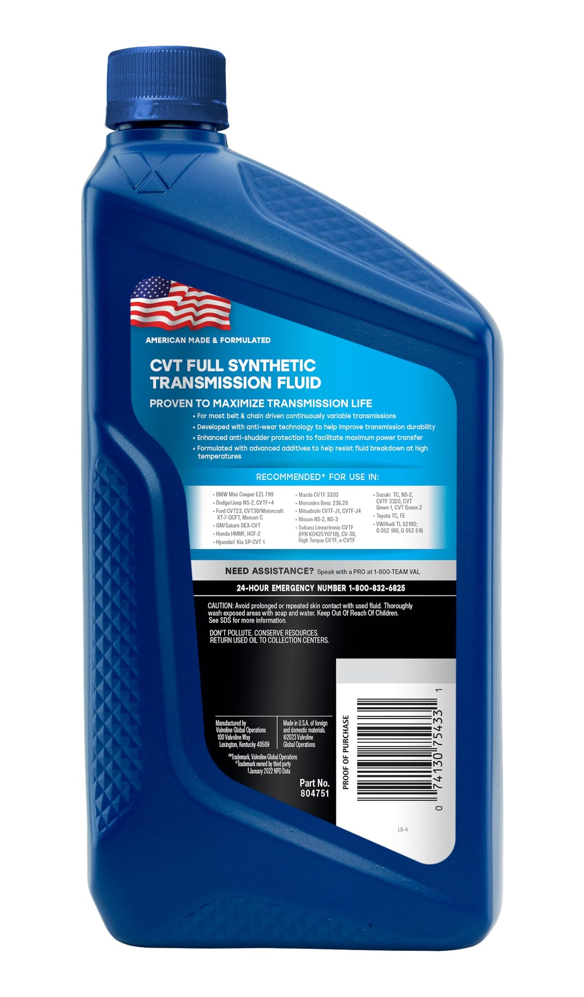 VALVOLINE 804751 Valvoline CVT Full Synthetic Continuously Variable Transmission Fluid 1 QT, Case of 6
