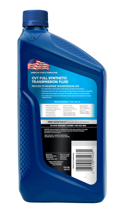 VALVOLINE 804751 Valvoline CVT Full Synthetic Continuously Variable Transmission Fluid 1 QT, Case of 6