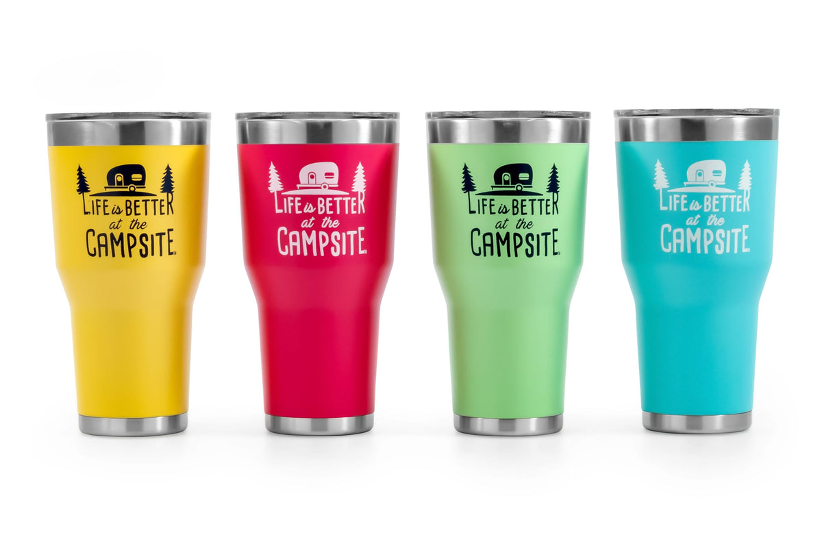 CAMCO 53062 Camco Life is Better at The Campsite Tumbler | Heavy Duty Double Wall Vacuum Insulation | Crafted of 18/8 Stainless Steel | Unique “Life is Better at The Campsite” Design on Coral Pink | 30-oz (53062)