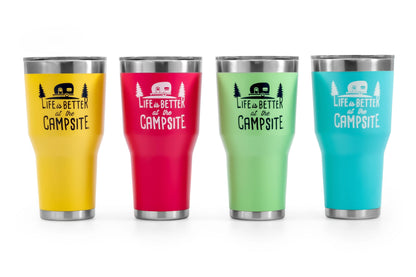 CAMCO 53062 Camco Life is Better at The Campsite Tumbler | Heavy Duty Double Wall Vacuum Insulation | Crafted of 18/8 Stainless Steel | Unique “Life is Better at The Campsite” Design on Coral Pink | 30-oz (53062)