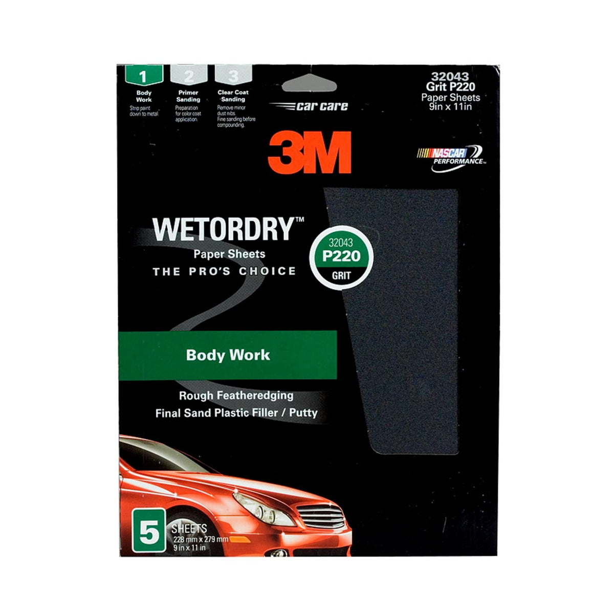 3M 32043 3M Wetordry Sandpaper, 32043, 220 Grit, 9 in x 11 in, 5 Sheets Per Pack